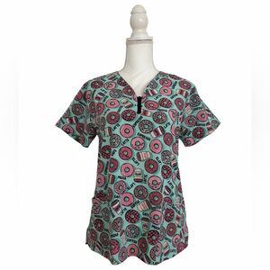 Coffee & Donut Print Zip Up Nursing Medical Scrub Top Women's Medium